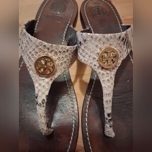 Tory Burch Beige Snakeskin Sandals with Gold Medallions